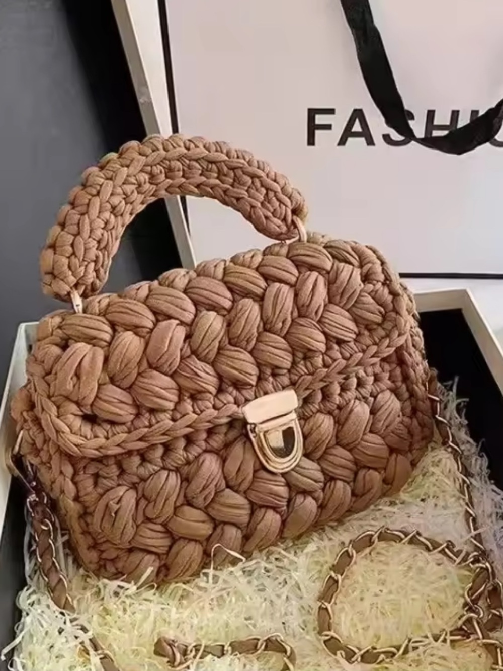 Macy's Braided Tan Shoulder Bag with Gold-Tone Hardware